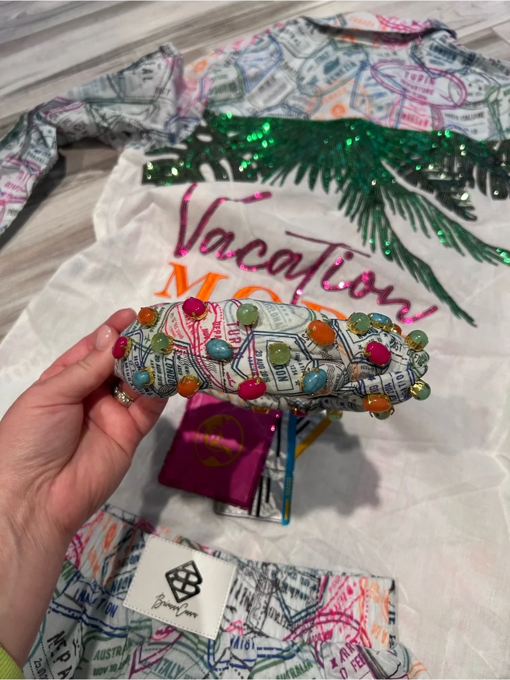 Brianna Canon Vacation Mode Sheer Travel Shirt & Printed Shorts Set - Multicolor
